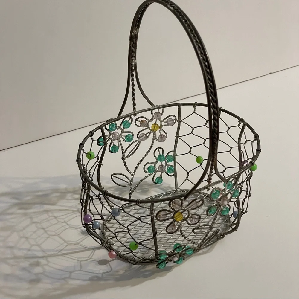 Vintage Metal Wire Basket, Pink & Green Beaded Daisies Flowers, silver tone